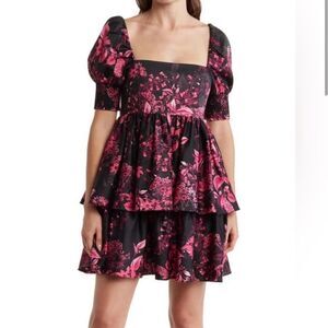 Alice + Olivia Mini Dress Emmalou Stretch Cotton Tiered Sz‎ 0 Black Pink